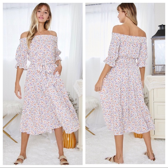 Boho Chic off the shoulder floral print midi dress - Picture 3 of 4